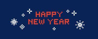 Mutlu yıllar Pikseller Web Afişi. 8 Bit Oyun Kış Süsleme Web Sitesi Kavramının Vektör İllüstrasyonu. Kar Taneleri Arkaplanlı Metin Tipografisi.