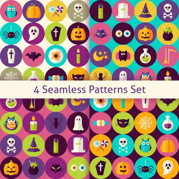 Four Vector Flat Halloween Party Patterns Set with Colorful Circ — Stock Vector