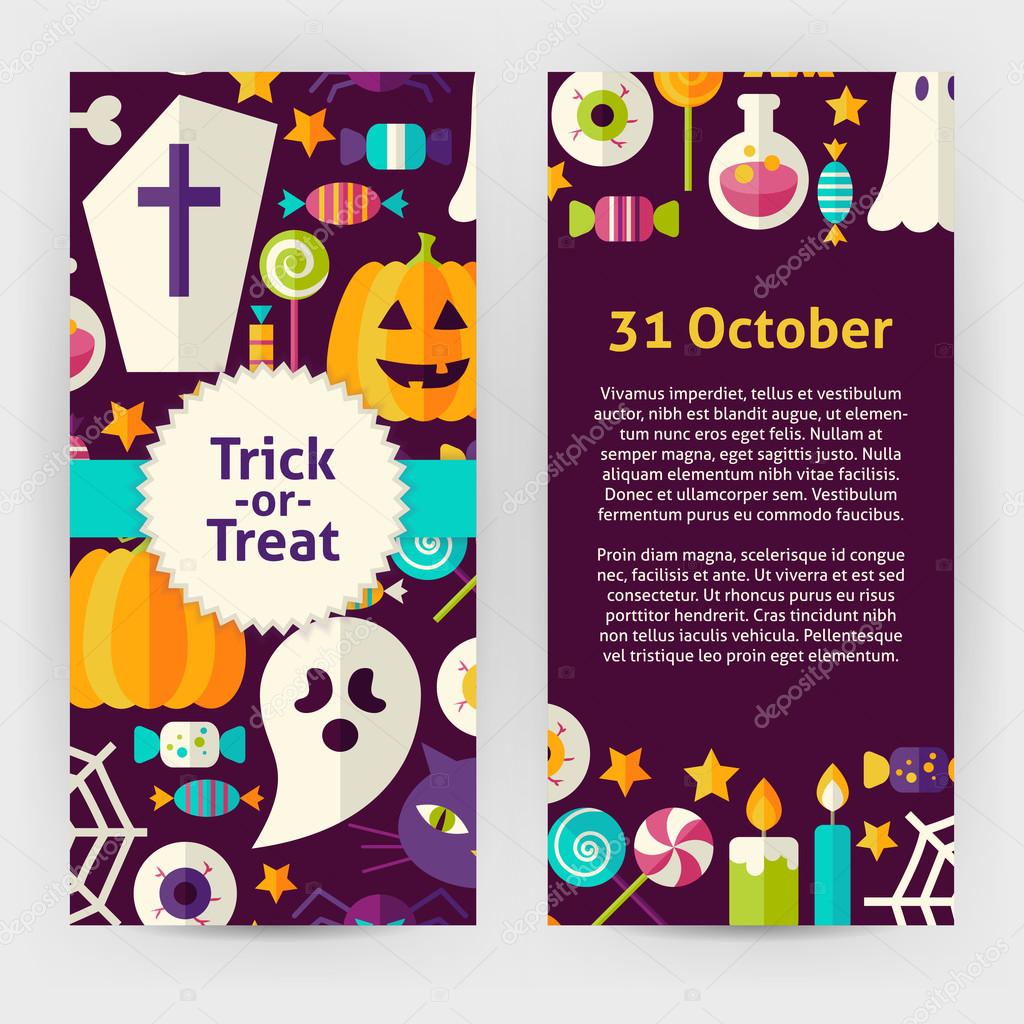 Modelo de panfleto vetorial de design plano Halloween Trick or Treat Ob
