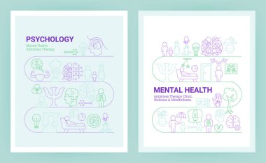 Psikoloji Çizgisi Kavram Posterleri. Doğrusal Sancak Dizisinin Vektör İllüstrasyonu. Akıl Sağlığı Simgeleri. Klinik ve Terapi Tasarımı.