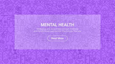 Akıl Sağlığı Çizgisi Sanat Sitesi Afişi. Doğrusal Posterin Vektör İllüstrasyonu. Psikoloji Simgeleri. Asgari Tasarım.