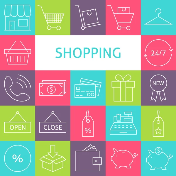 Vector Line Art Modern Shopping and Retail Icons Set — Stockový vektor