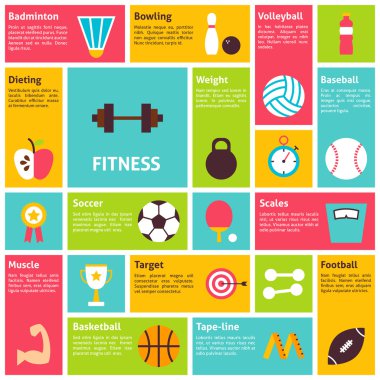Düz tasarım vektör simgeler Infographic spor eğlence Fitness Co