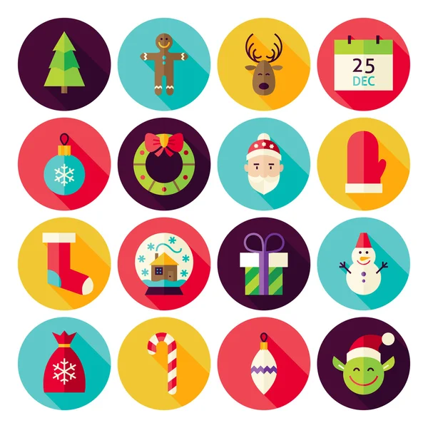 Merry Christmas New Year Circle Icons Set with long Shadow — Stok Vektör