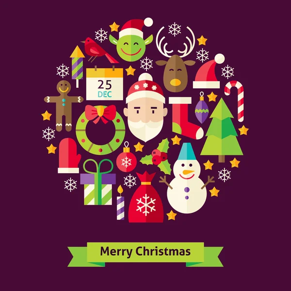 Vector Flat Style Feliz Navidad Objetos Concepto — Vector de stock