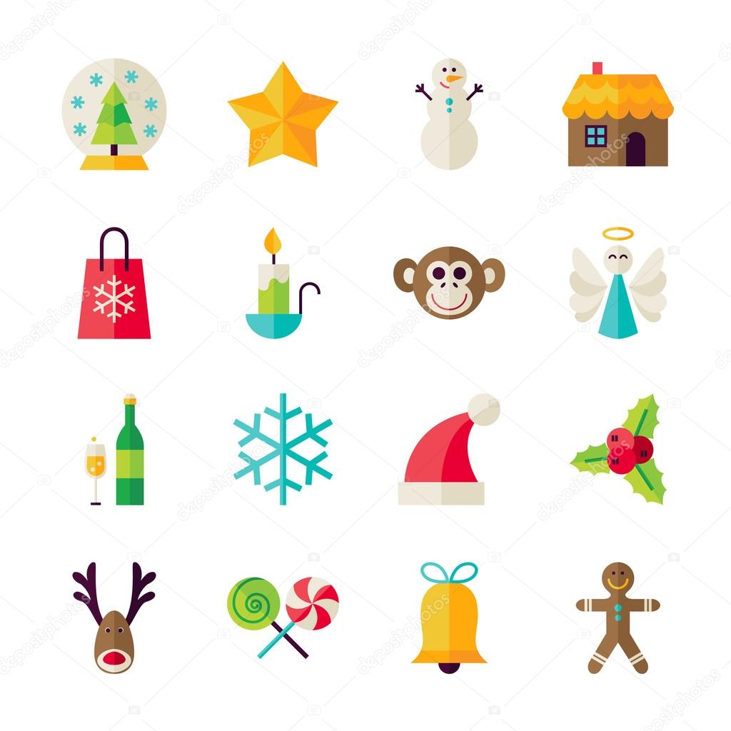 Flat Winter Christmas and Happy New Year Objects Set isolated ov