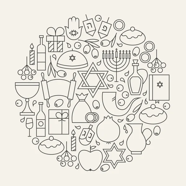 Feliz Hanukkah Holiday Line iconos conjunto circular en forma — Vector de stock