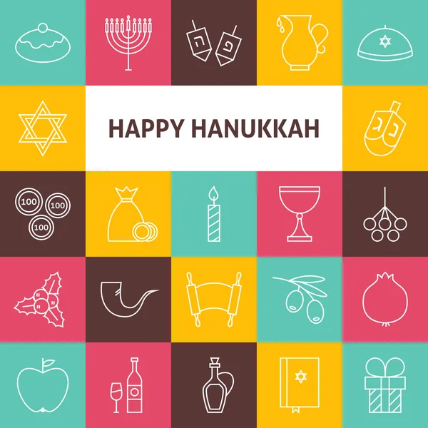 Línea de arte feliz Hanukkah judíos vacaciones iconos conjunto — Vector de stock