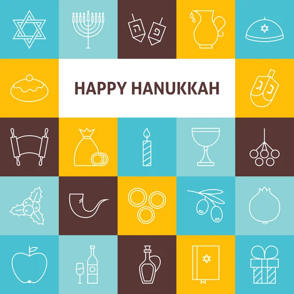 Thin Line Art Happy Hanukkah Set de iconos judíos de vacaciones — Vector de stock