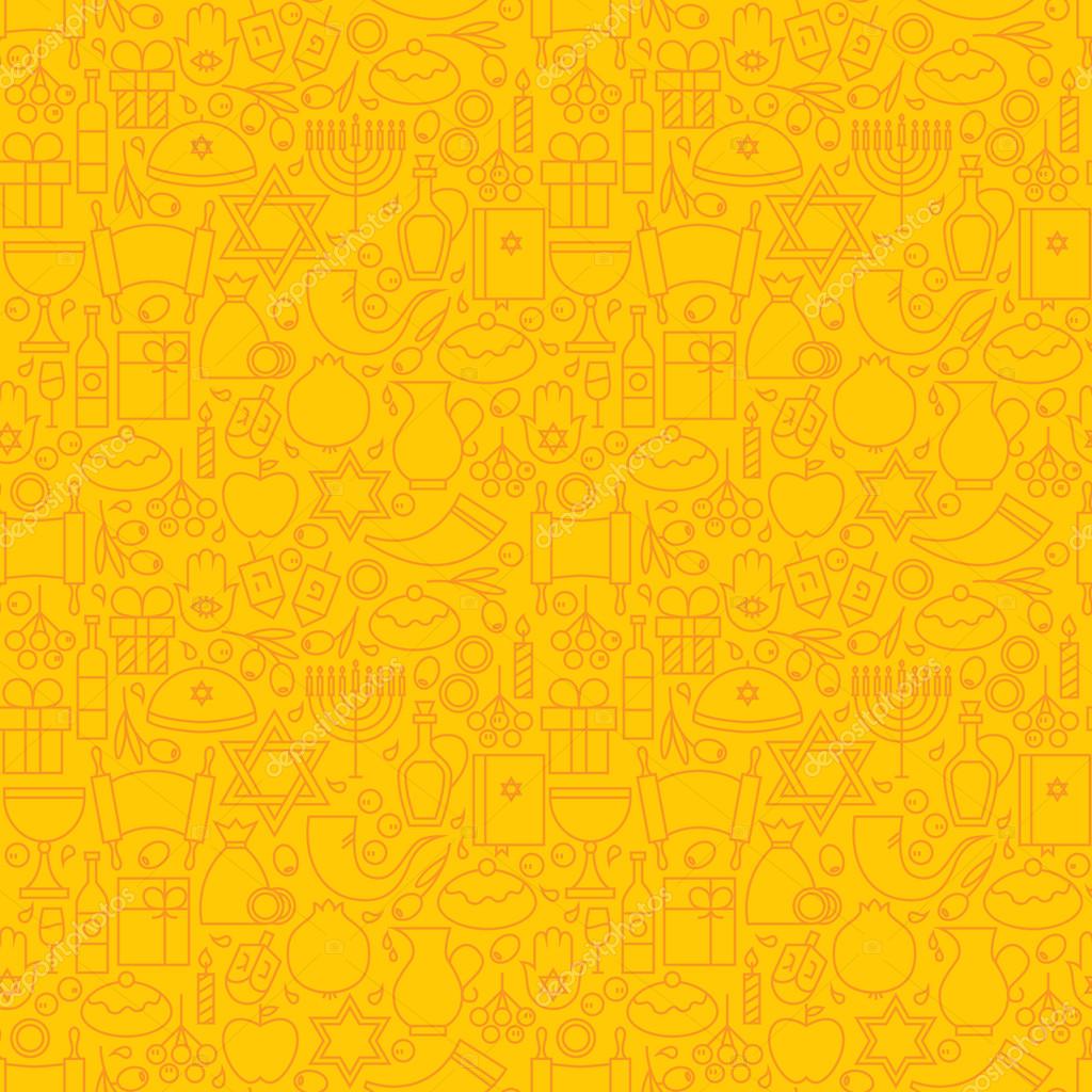 Thin Line Jewish Holiday Happy Hanukkah Seamless Yellow Pattern