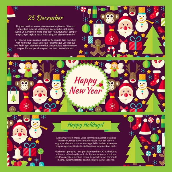 Feliz Año Nuevo Invierno Vector Plantilla Banners Flat Set — Vector de stock