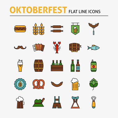 Oktoberfest bira renkli düz çizgi Icons Set