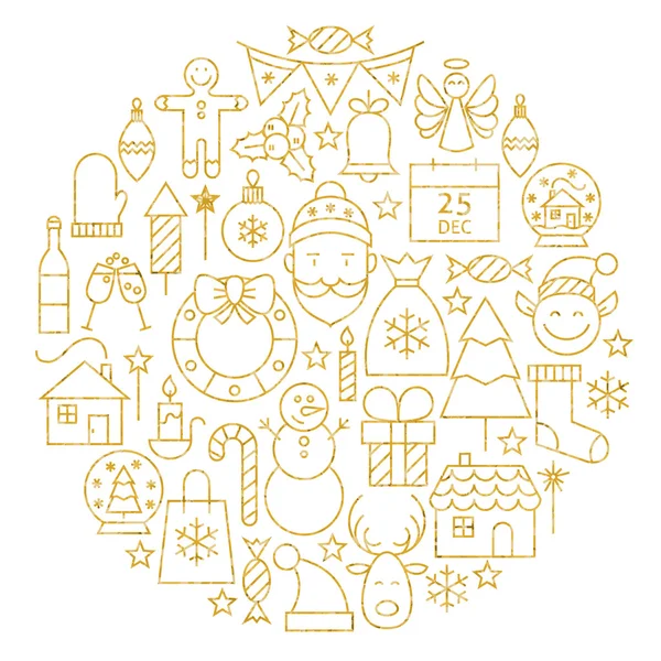 Gold Merry Christmas Line Icons Set Circle Shape — стоковый вектор