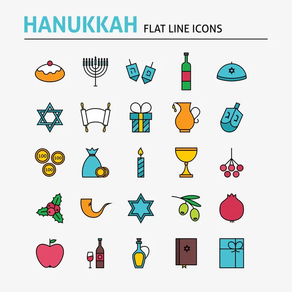 Conjunto de iconos de línea plana colorida de Hanukkah judío — Vector de stock