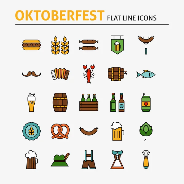 Oktoberfest cerveza colorido plana línea iconos conjunto — Vector de stock