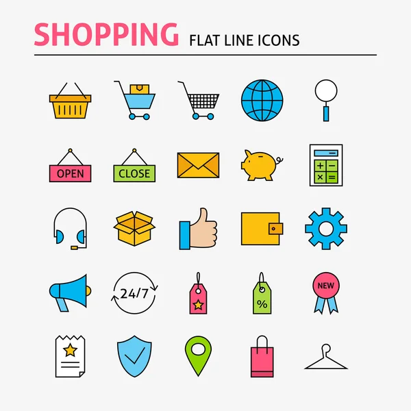 Conjunto de iconos de línea plana colorida de compras en línea — Vector de stock