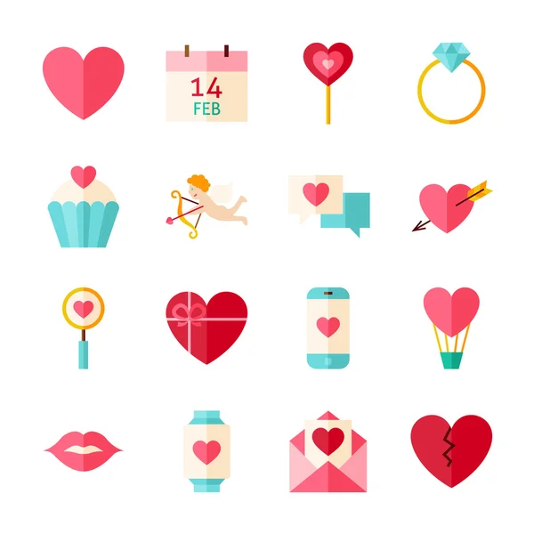 Flat Happy Valentine Day Objects Set isolated over White