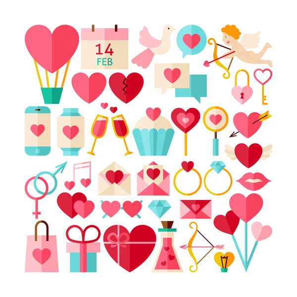 Big Flat Style Vector Collection of Valentine Day Objects — Stock Vector
