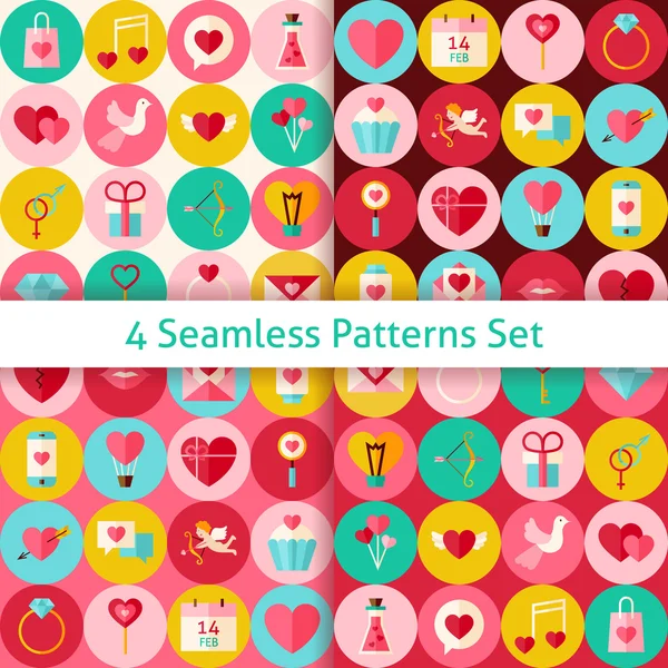Four Vector Flat Happy Valentine Day Seamless Patterns Set with — Stock Vector