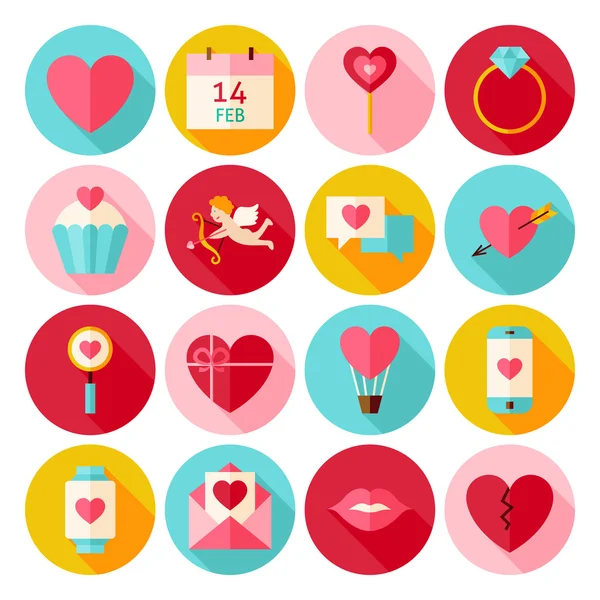 Happy Valentines Day Circle Icons Set with long Shadow — Stok Vektör