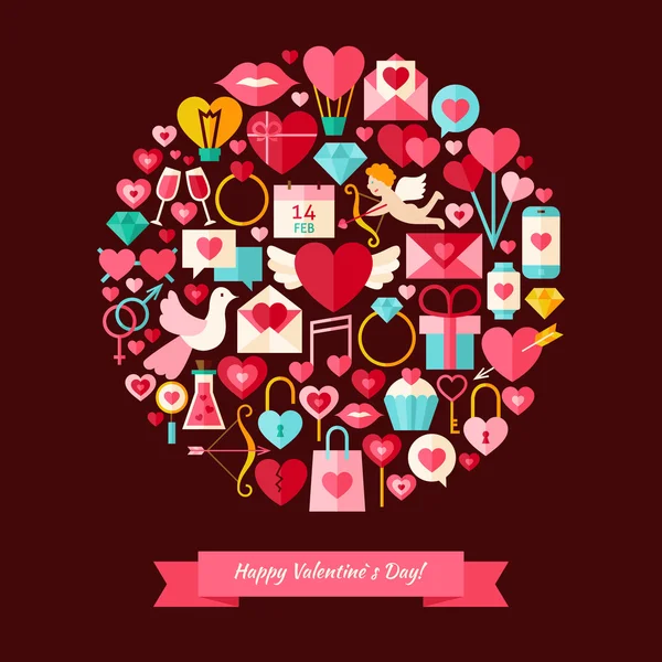Vector Flat Style Happy Valentine Day Objects Concept — Stockvector