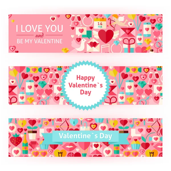 Happy Valentine Day Vector Template Banners Set Modern Flat — Stock Vector