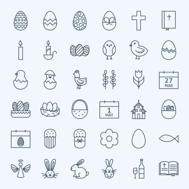 Line Happy Easter Holiday Icons Set