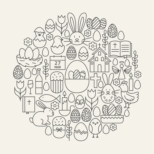 Happy Easter Line Icons Set Circle Shape — Stock Vector