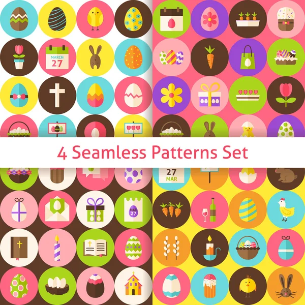 Four Vector Flat Happy Easter Seamless Pattern Set with Circles — Stock Vector