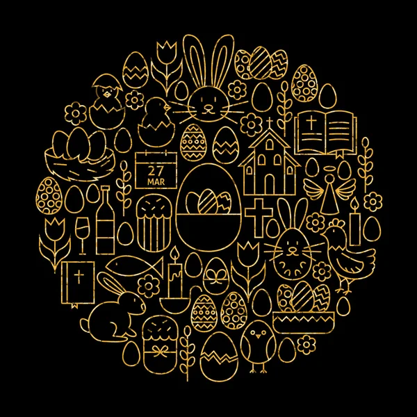 Gold and Black Happy Easter Line Icons Set Circle Shape — Stock Vector