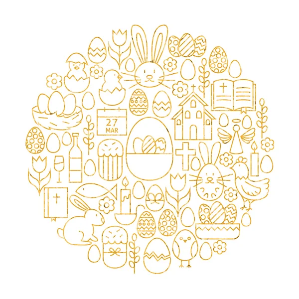 Gouden vrolijk Pasen vakantie lijn Icons Set cirkel vorm — Stockvector