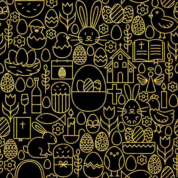 Dunne lijn goud zwarte Happy Easter naadloze patroon — Stockvector