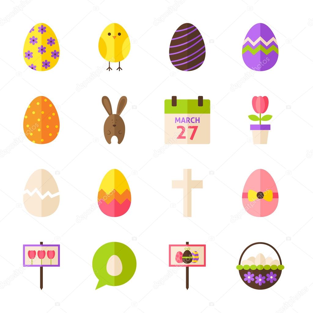Happy Easter Flat Objects Set isolated over White