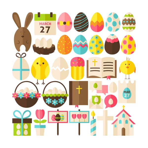 Gran colección de vectores de estilo plano de objetos de Pascua feliz — Vector de stock