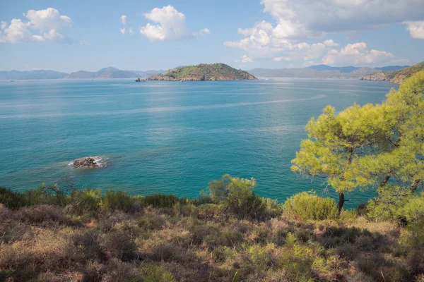 Ege Denizi Adası ile Körfez. Yaniklar, Muğla, Türkiye