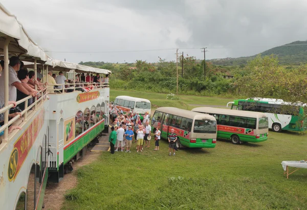 Train and buses of round "St. Kitts Scenic Railway". Saint Kitts — Stock Photo, Image