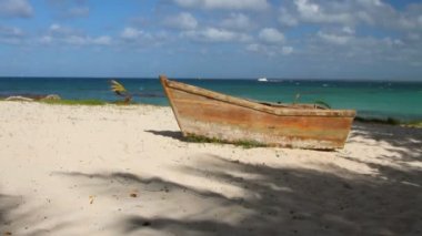 Deniz kıyısındaki eski tekne. Saona Adası, La Romana, Dominik Cumhuriyeti