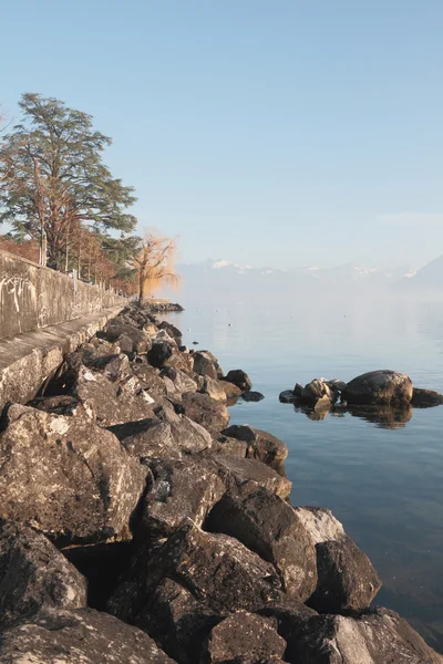 Sahil Cenevre Gölü'nün Ocak ayında. Lausanne, İsviçre — Stok fotoğraf