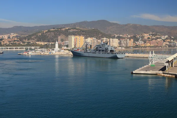 Mediterranean port city and military ship. Malaga, Spain — Stock Photo, Image