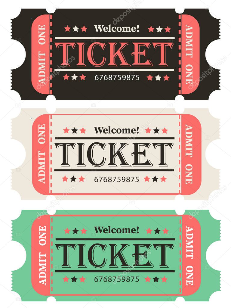 A set of retro tickets for movies and other events such as a circus, movie theater, parties and concerts.