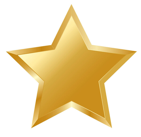 Значок золотой звезды. Классический знак в плоском стиле изолирован на белом фоне. Желтая трехмерная звездная звезда трофея. Символ лидерства. Векторная иллюстрация.