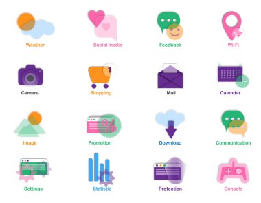  Simgeler. Glasmorfizm simgeleri. Sosyal medya. Simge koleksiyonu. Vektör çizimi. Web simgesi seti