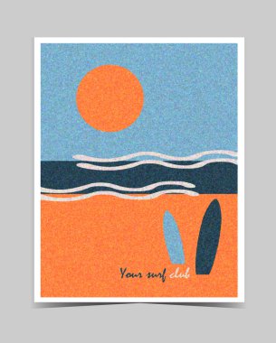 Yaz sahili arka planında güneş, deniz, dalgalar, gökyüzü ve sörf tahtaları. Poster, illüstrasyon, kart, baskı, reklam.