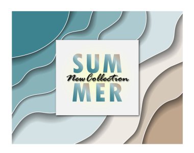 Kağıt kesim çerçeveli yeni koleksiyonun yaz afişi, afiş, afiş, poster veya web sitesi tasarımı için kavisli kağıt dalgalarıyla yaz mavisi ve kahverengi arkaplan. Kağıt kesim stili, vektör. Soyut deniz, sahil..