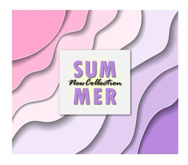 Kağıt kesim çerçeveli, yaz pembe ve eflatun arkaplanlı, afiş, afiş, poster veya web sitesi tasarlamak için kavisli kağıt dalgalı yeni koleksiyonun yaz afişi. Kağıt kesme biçimi, vektör.