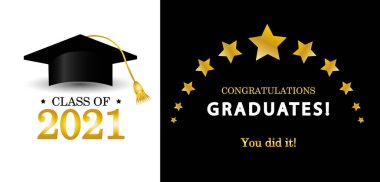 Harika. 2021 sınıfı. Mezuniyet töreni için altın tasarım. Tişört, pul, logo, kart, davetiye vesaire için tipografi tasarım şablonunu kutluyor. Vektör illüstrasyonu
