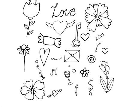 Beyaz arka planda izole edilmiş Vektör Resimleri Çiçekler, Kalpler, Şampanya Bardağı