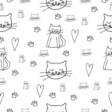 Şirin kediler ve kalpler karalama vektör çizimi beyaz arka planda kusursuz desen, paketleme tasarımı, tekstil