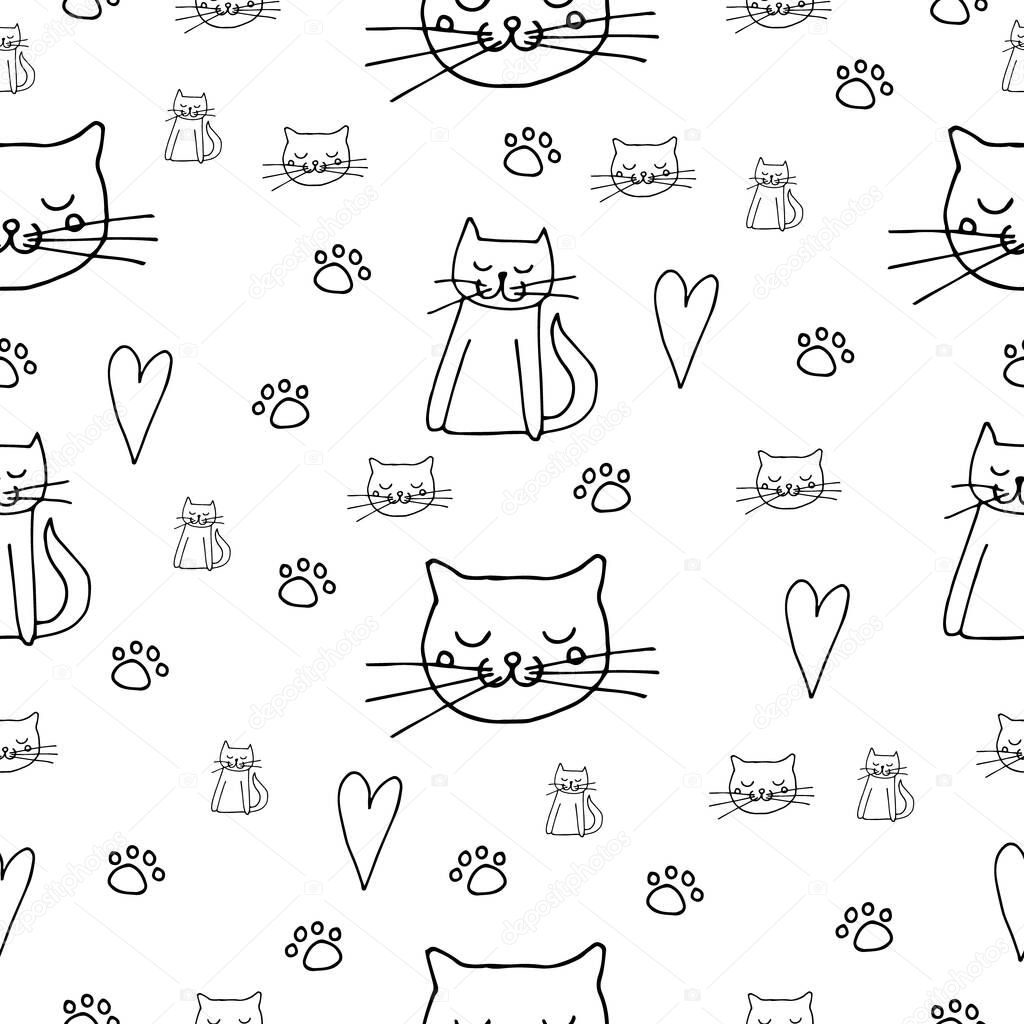 Cute cats and hearts doodle  vector illustration seamless pattern on white background, for packaging design, textiles