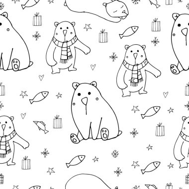 Şirin kutup ayıları vektör çizimi beyaz arka planda kusursuz desen karalama kış karakterleri balık, hediye, paketleme tasarımı için kar taneleri, tekstil